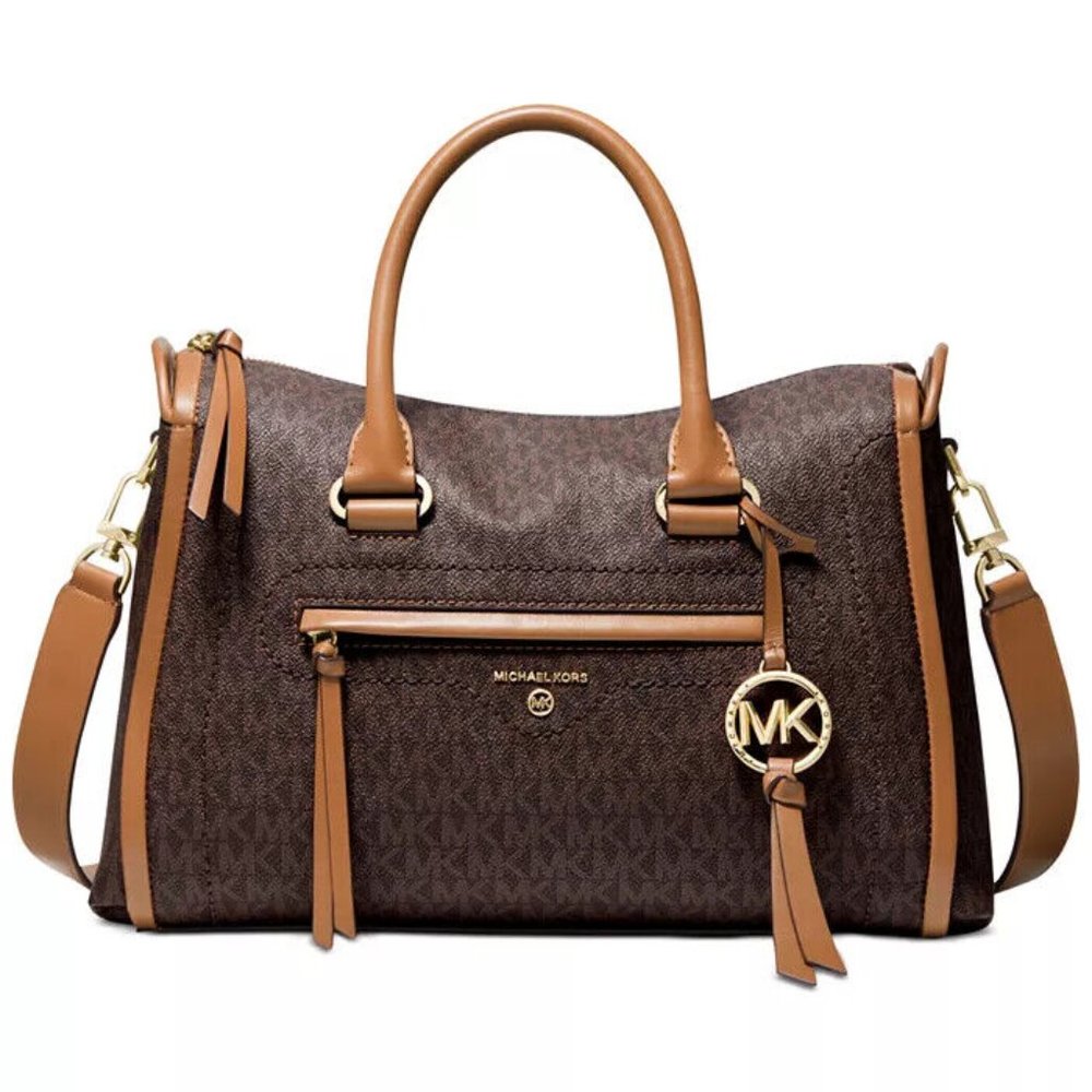 MICHAEL MICHAEL KORS Brown Signature Carine Satchel Bag • 11.25"W X 8.25"H X 5"D